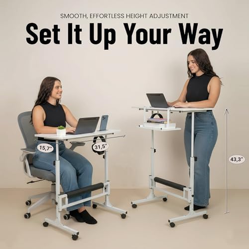 Model 2026 Adjustable Height Rolling Desk With Wheels Portable Compact Laptop Table Mobile Workstation For Study Office Small Space Standing Desk Ergonomic Writing Surface Modern Home Furniture White