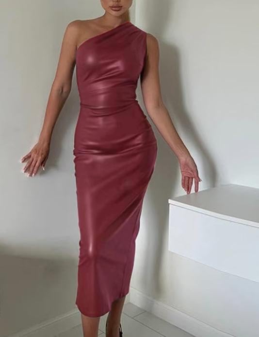 Women's Imitation Leather Tight Maxi-Dresses, Sleeveless, Fashionable and Sexy Style, Suitable for Night Parties. (NZ088)