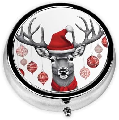 (Funny Christmas Moose) Round Pill Box,3 Compartment Pill Box Mini Decorative Pocket Purse Portable Travel Medicine Tablet Vitamin Holder Organizer Pill Case