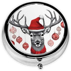 (Funny Christmas Moose) Round Pill Box,3 Compartment Pill Box Mini Decorative Pocket Purse Portable Travel Medicine Tablet Vitamin Holder Organizer Pill Case