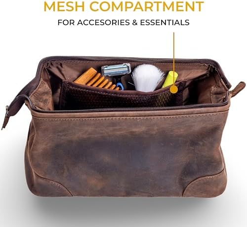 Leather Toiletry Bag – Where Elegance Meets Everyday Utility, Grooming Travel Pouch, Shaving Kit Toiletries, Leather Makeup Bag with Water resistant Lining, Men & Women (DARK BROWN)