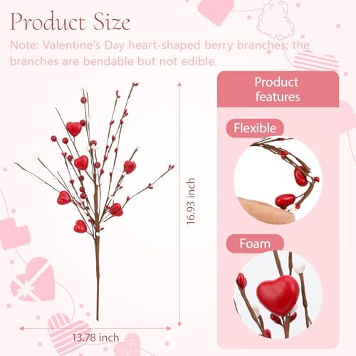 Wootkey 4Pcs Artificial Mother's Gift Decorations Red Heart Berry Stems Heart Shaped Berry Gifts Flowers for Wedding Anniversary Party Supplies Decor