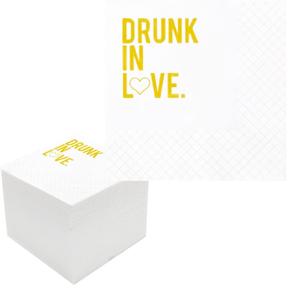 Drunk In Love Cocktail Napkins, 100 Pack Gold Drunk In Love Party Supplies Disposable Paper Luncheon Napkins in Bulk for Bridal Shower Engagement Wedding Bachelorette | 2-Ply, 5x5 Inches