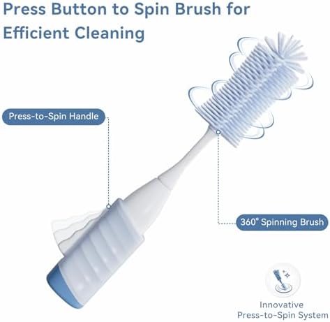 Baby Bottle Brush Set, Innovative Efficient Press-to-Spin Brush Cleaner - Includes Silicone Bottle Brush, Nipple Brush, Straw Cleaner - Spinning Generates Rich Foam for Deep Cleaning, Blue