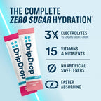 DripDrop Zero Sugar Plus - Sugar Free Hydration Packets - Single Serve Electrolytes Powder Drink Mix - Strawberry Kiwi, Peach, Cherry Limeade, Wild Berry - Non-GMO, Vegan - 8 Sticks