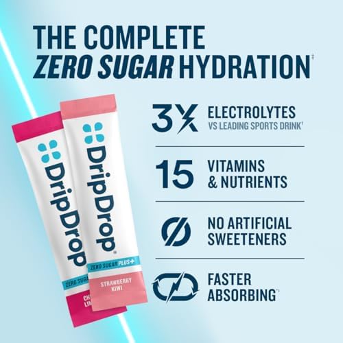DripDrop Zero Sugar Plus - Sugar Free Hydration Packets - Single Serve Electrolytes Powder Drink Mix - Strawberry Kiwi, Peach, Cherry Limeade, Wild Berry - Non-GMO, Vegan - 8 Sticks