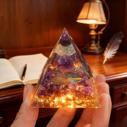 Orgone Pyramid Crystal, Amethyst Chakra Reiki Orgonite for Positive Energy, Stress Relief and Meditation, Handmade Spiritual Decor