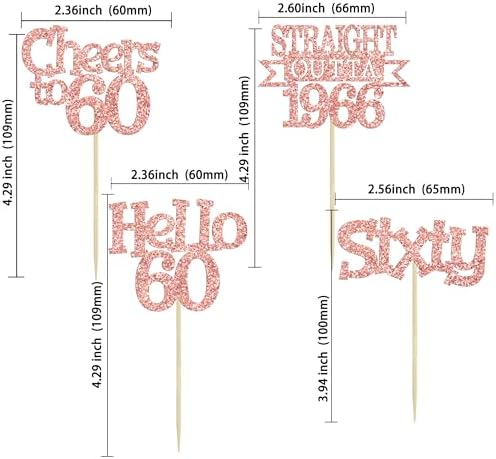 Ephlyn 24Pcs Happy 60th Birthday Cupcake Toppers Glitter Straight Outta 1966 Cupcake Picks Hello 60 Cheers to 60 Years Birthday Cake Decorations for 60th Birthday Anniversary Party Supplies Rose Gold
