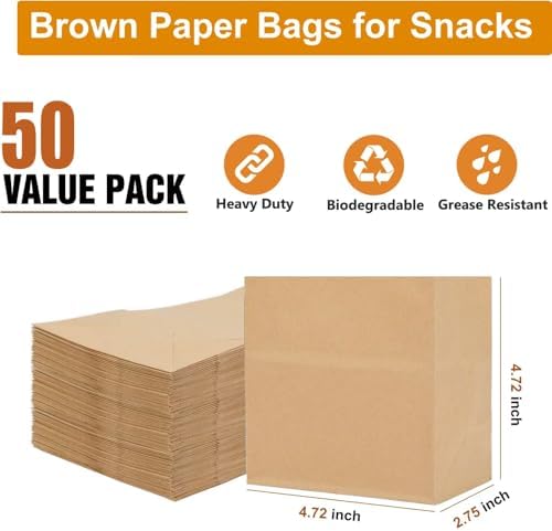 Small Brown Paper Bags for Snacks,50 Pack,Greaseproof Kraft Paper Bags,Recyclable,and Biodegradable,Mini Paper Wrappers For Popcorn,Cookies,Fries,Crafts,Gift Wrapping in Bulk (50Pack Brown)