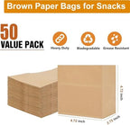 Small Brown Paper Bags for Snacks,50 Pack,Greaseproof Kraft Paper Bags,Recyclable,and Biodegradable,Mini Paper Wrappers For Popcorn,Cookies,Fries,Crafts,Gift Wrapping in Bulk (50Pack Brown)