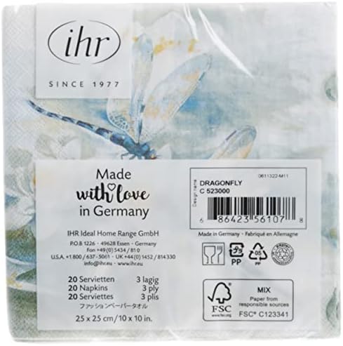 IHR Ideal Home Range Cocktail Napkins Disposable 3-Ply Paper Party Napkin Pack, 5" x 5", Dragonfly, 20-Count