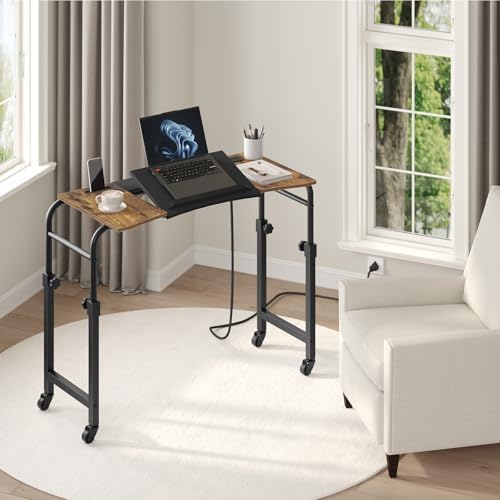 Overbed Table with Charging Station, Recliner Table with Wheels, Over the Bed Table Height Adjustable, Side Table for Bed, Sofa, Office, Rustic Brown and Black SF05UBR
