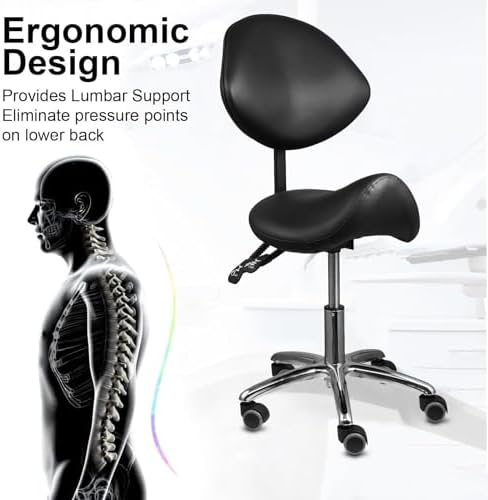Saddle Stool with Back Support, 400lbs Saddle Chair - Back Adjustable Salon Stool with Wheels, Swivel, Wide Thick Seat Padding, Heavy Duty Rolling Seat for Home Office Clinic Dentist(Black)