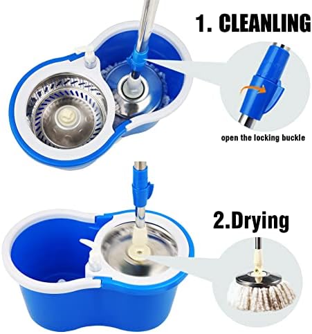 Spin Mop Bucket 360° with Wringer Set, Stainless Steel Mop System, 3 Absorbent Microfiber Mop Head Eefills, for Household Kitchen Floor Cleaning