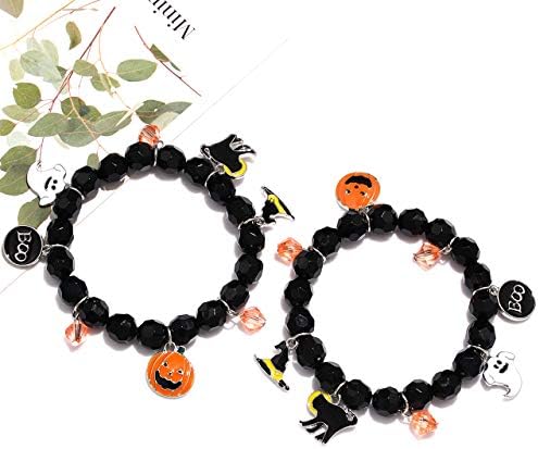 NVENF 2PCS Halloween Bracelets for Women Pumpkin BOO Ghost Charm Bracelets Black Bead Stretch Bracelet Set Costume Party Gifts