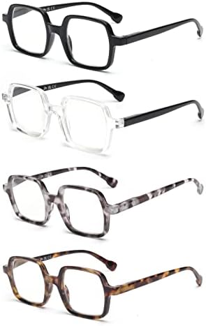 JM 4 Pack Square Reading Glasses, Blue Light Blocking Computer Reader for women men, Spring Hinge