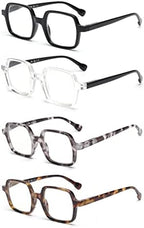 JM 4 Pack Square Reading Glasses, Blue Light Blocking Computer Reader for women men, Spring Hinge