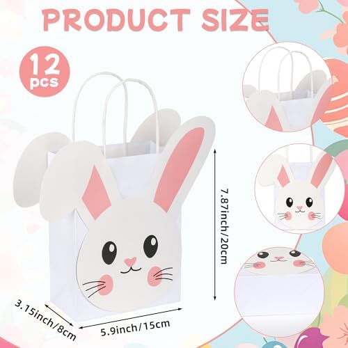 12Pcs Easter Bunny Treat Bags with Handles Rabbit Face Party Paper Goodie Bags for Easter Party Favors Birthday Baby Shower Spring Celebrations