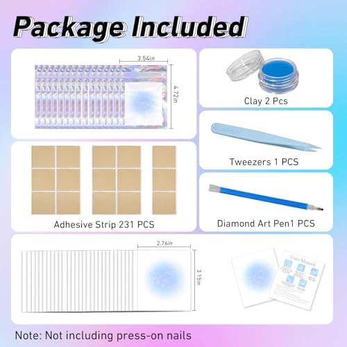 100PCS Press on Nail Packaging Bag, 100PCS Display Card with 231 Pcs Pre-cut Adhesive Tape & Diamond Art Pens & Glue Clay & Tweezers, 6-in-1 Set for Nail Display (Laser)