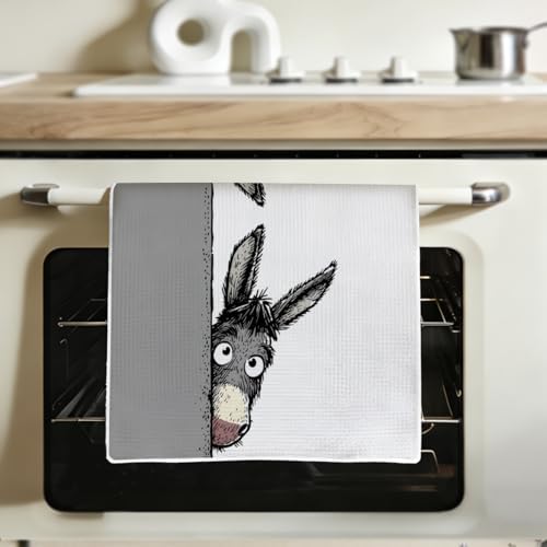 Cute Peeking Donkey Kitchen Towels, Funny Donkeys Print Microfiber Dish Cloths, Absorbent Waffle Weave Hand Towels, Durable Tea Towels for Kitchen Home Bathroom, Animal Lover Gifts