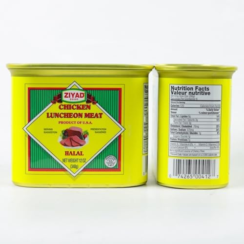 Ziyad Chicken Luncheon Meat, Halal, 12 Ounce Pull-Top Can, Fully Cooked, Ready to Eat, 0g Trans Fat, Gluten Free, Easy Open, Canned Meat for Sandwiches & Breakfast. Shelf Stable, Great for Camping or Bunker Prep