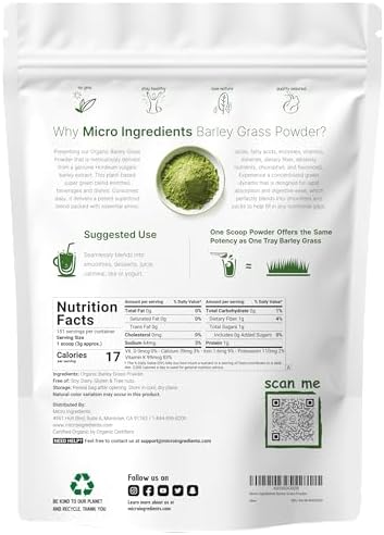 Organic Barley Grass Powder, 16 Ounces | US Grown | Rich in Vitamins, Minerals, Fibers, & Antioxidants | Superfood Greens Mix for Immune Health and Digestion Support | Non-GMO