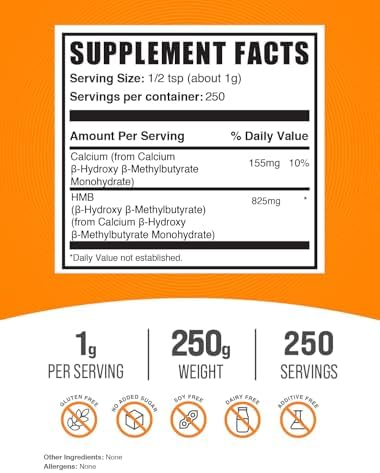 BulkSupplements.com HMB Powder - Beta-Hydroxy Beta-Methylbutyrate, Calcium HMB Supplement - Gluten Free - 1g per Serving, 250g (8.8 oz) (Pack of 1)