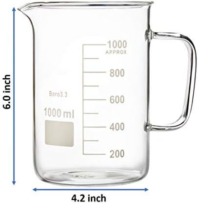 Labnique Glass Beaker with Handle, Beaker Mug with Pouring Spout, Double Graduated, 1000ml (33.8 oz / 4.2 cups)
