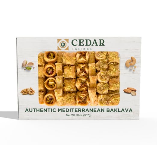 Cedar Pastries Mediterranean Baklava Assortment – 33 Pieces – Large Mediterranean Dessert Gift Box – Pistachio, Cashew & Walnut Phyllo Pastries – Gourmet Middle Eastern Sweets – Kosher & Halal Certified