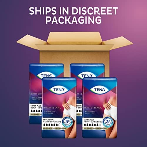TENA Stylish White Incontinence Underwear for Women, Super Plus Heavy Absorbency, Adult Diapers, Large (Waist Sizes 37in-50in), 64 Count (2 packs of 16)