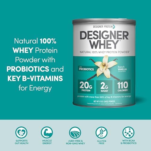 Designer Wellness, Designer Whey, Natural Whey Protein Powder with Probiotics, Fiber, and Key B-Vitamins for Energy, Gluten-Free, French Vanilla, 12oz