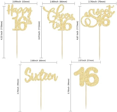 30 Pack Happy 16th Birthday Cupcake Toppers Gold Glitter Sweet 16 Cheers to 16 Years Old Birthday Cupcake Picks for Happy 16th Anniversary Party Cake Decorations
