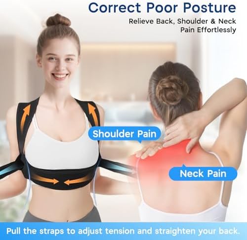 Back Brace Posture Corrector for Women and Men, Adjustable Upper Back Support with Shoulder Brace & Back Straightener, Relief for Clavicle, Neck & Shoulder Pain (Medium, Black)