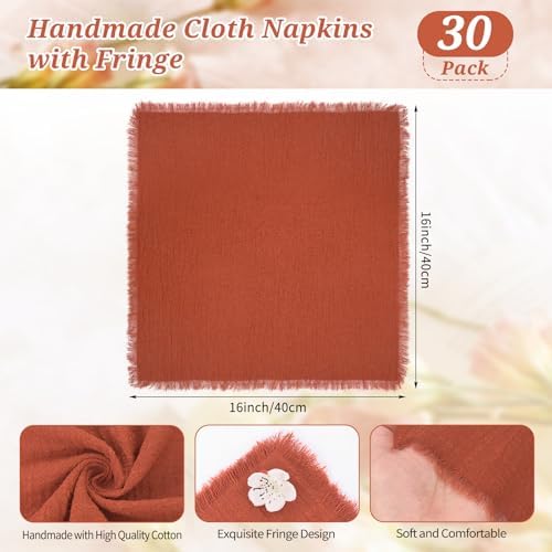 30 Pack Terracotta Cloth Napkins Cotton Linen Napkins with Fringe 16 x 16 Inch Soft Handmade Napkins Cloths Delicate Washable Rustic Dinner Napkin Cloths for Wedding Party Dinner Table Decor