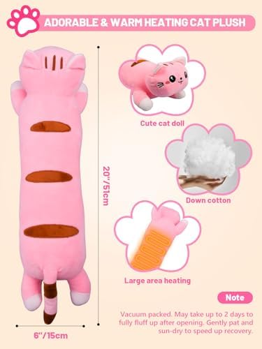 20" Pink Cat Heating Pad for Period Cramps USB Portable Electric 5 Heat Settings 5 Timer Modes Auto Shut Off Plush Stuffed Animal Warmer for Neck Back Pain Relax for Women Kids