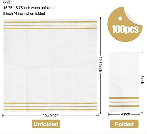 100 Pcs White and Gold napkins, Dinner Paper Napkins Disposable Hand Towels for Bathroom, Soft, Absorbent, Gold Party Wedding Napkins for Kitchen, Parties, Dinners or Events (Yellow, 100)