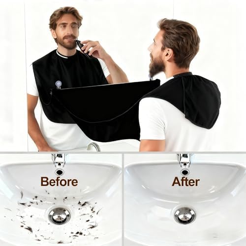 Beard Bib Apron for Men, 2 Pack Hair Catcher for Shaving & Trimming, Non-Stick Shave Cape with Suction Cups, Men's Grooming Accessories, Gifts for Husband Dad Boyfriend (Black & White)