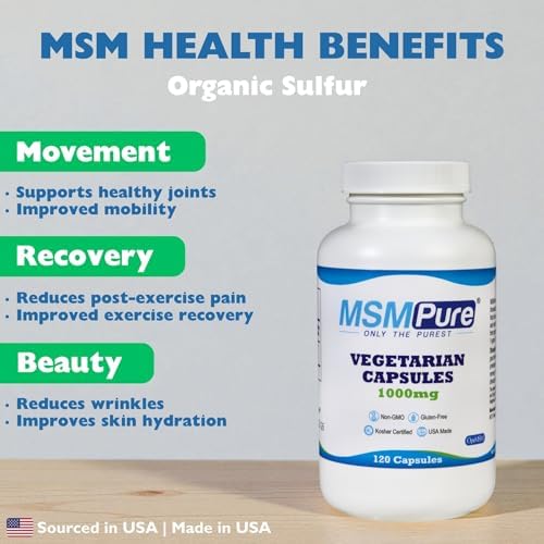 KALA HEALTH MSMPure MSM Vegetarian Capsules – 1,000 mg US-Sourced MSM per Capsule for Joint Health, Skin Appearance, Hair & Nail Support – 120 Count, Organic Sulfur