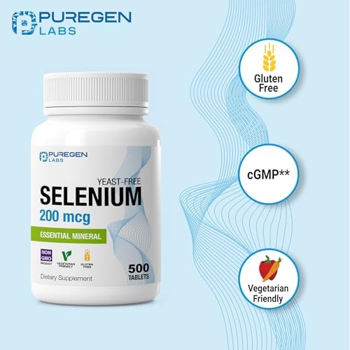 Puregen Labs Selenium 200 mcg Yeast Free Essential Mineral - 500 Vegetarian Tablets | Immune & Antioxidant Support | Non-GMO, Gluten Free