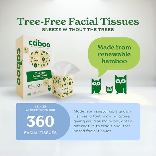 Caboo Tree Free Facial Tissue Paper, Tissue Box with 60 Sheets Per Cube, Total of 6 Cubes, 360 Total Tissues