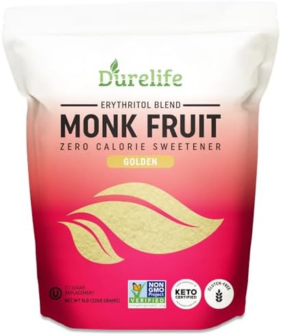Durelife Golden Monk Fruit Sweetener, 1:1 Sugar Replacement, Keto Diet Friendly, Zero Calorie, Kosher Sugar Substitute Crystal, Golden - 5 lb Bulk Size (Packaging May Vary)