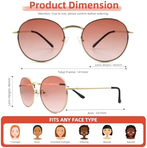 Full Reader Sunglasses Women Men, Mens Womens Reading Sun Glasses Metal Round BLue Pink Yellow Lens NON BIFOCAL, Gold Frame Clear Pink Lenses, 2.50