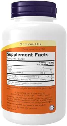 NOW Foods Supplements, Borage Oil 1000 mg with 240mg of GLA (Gamma Linolenic Acid), 120 Softgels