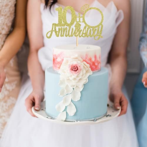 Sumerk 13 PCS Gold Glitter 10th Anniversary Cake Topper Happy 10th Anniversary Wedding Anniversary Cake Decorations