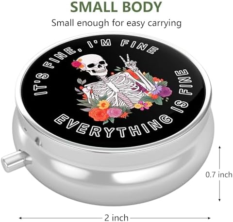 Nipichsha Pill Box, Small Pill Case for Purse & Pocket, Cute Travel Medicine Organizer, Portable Medicine Container Holder to Hold Vitamins, Medication, Fish Oil & Supplement, Flower Skull