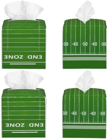 Square Leather Tissue Box Cover Holder Waterproof Football Green Field Facial Paper Organizer with Bottom Belt Cube Tissue Case for Tabletop Bathroom Office Desk Car Decorative