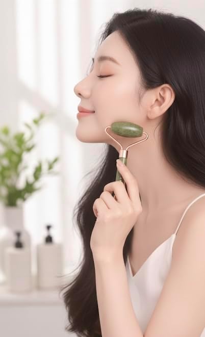 Green Jade Natural Stone Curved Facial Roller & Guasha Set - Jade Facial Massage and Face Sculpting Tool by Ikisatori (Green Jade)