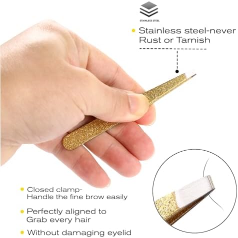4-Pcs Glitter Stainless Steel Precision Tweezer Set for Eyebrows, Ingrown Hair & Lash Extensions (Gold)