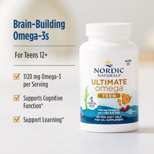 Nordic Naturals Ultimate Omega 2X Teen, Strawberry - 60 Mini Soft Gels - 1120 mg Total Omega-3s with EPA & DHA - Brain Health, Positive Mood, Social Development, Learning - Non-GMO - 30 Servings