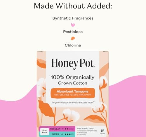 The Honey Pot Company - Multipack -100% Organic Cotton Core Tampons w/Bio Plastic Applicator - Regular & Super Absorbency - Unscented - Feminine Care - 54 Count (3 Packs of 18)